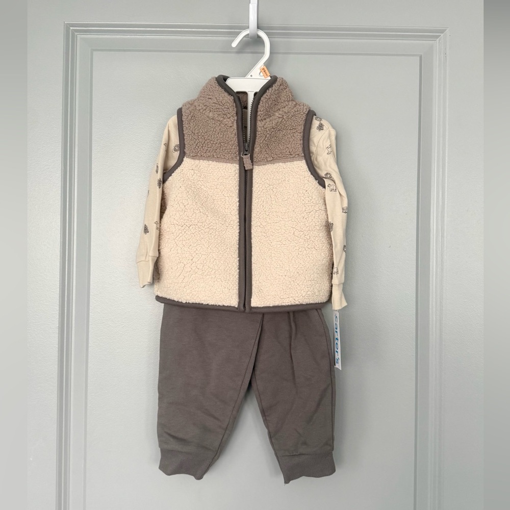 Carter's Beige Cream and Brown Sherpa Vest Outfit Set